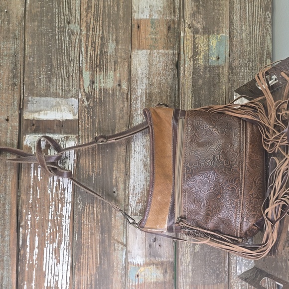 Myra Bag Handbags - Myra Brown Leather With Calf Hair Trim & Fringe Women Bag, Crossbody
